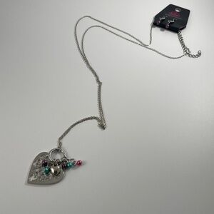 Long Silver Heart Pendant Necklace with Pink, purple and Green Accents.